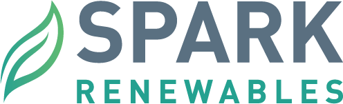 Logo for Spark Renewables with a green leaf graphic to the left of the company name in gray and green text.