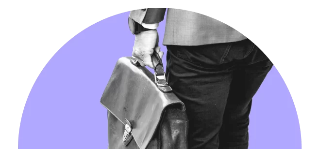 A person in a suit holds a briefcase in their right hand, standing against a purple background.