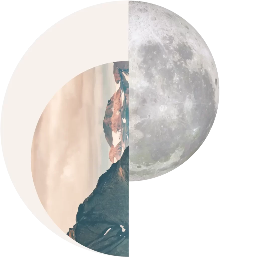 A digitally created image showing a circle split in half: one side features a mountain landscape, the other side shows the surface of the moon.