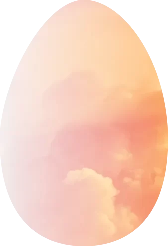 A stylized egg shape with a soft gradient of pastel pink, peach, and orange colors, resembling a cloudy sky.