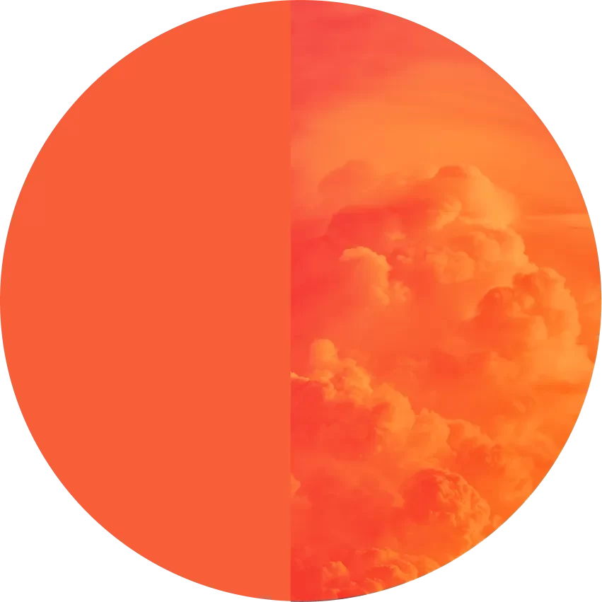 A circle divided vertically; the left half is solid orange, and the right half shows an orange-tinted sky with clouds.