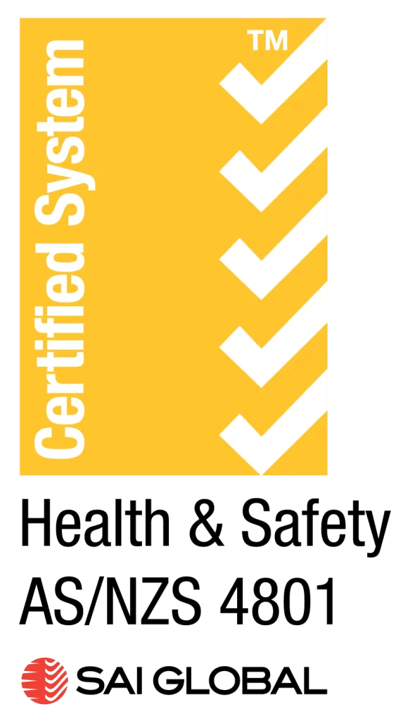 Yellow certification badge with white chevrons, labeled "Certified System." Below, text reads "Health & Safety AS/NZS 4801" and "SAI Global" with a red logo.