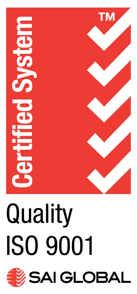 Red and white SAI Global Certified System logo featuring check marks, with text “Quality ISO 9001” and SAI Global symbol below.