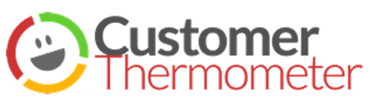 Logo for Customer Thermometer, featuring a stylized smiley face within a circular gauge and the words "Customer Thermometer" in gray and red text.